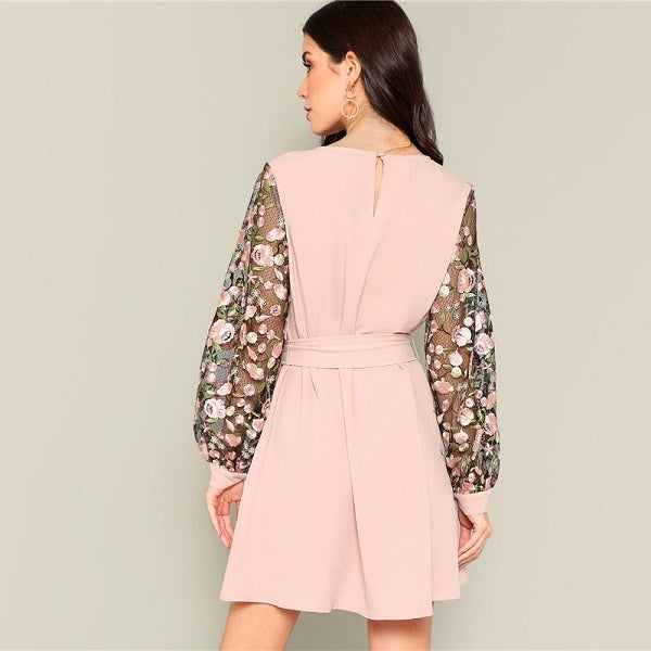 Casual A-Line Flower Embroidered Mesh Sleeve Belted Mini Dress
