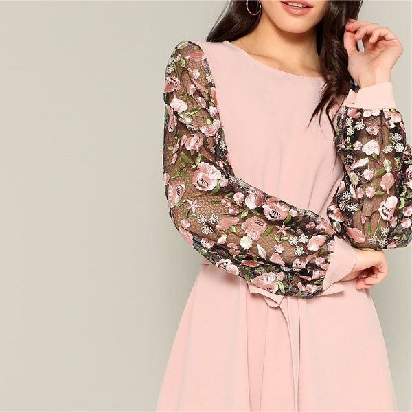 Casual A-Line Flower Embroidered Mesh Sleeve Belted Mini Dress