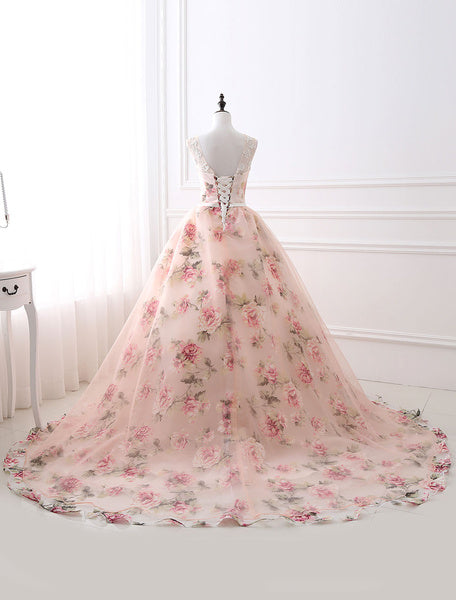 Pink Prom Dresses 2019 Long Floral Print Organza Pageant Dress Backless Chapel Train Party
