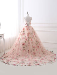 Pink Prom Dresses 2019 Long Floral Print Organza Pageant Dress Backless Chapel Train Party
