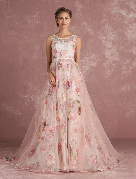 Pink Prom Dresses 2019 Long Floral Print Organza Pageant Dress Backless Chapel Train Party