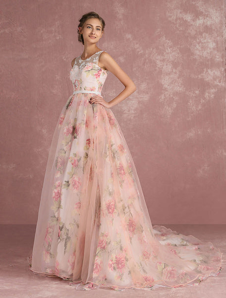 Pink Prom Dresses 2019 Long Floral Print Organza Pageant Dress Backless Chapel Train Party