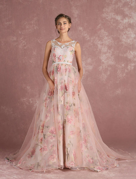 Pink Prom Dresses 2019 Long Floral Print Organza Pageant Dress Backless Chapel Train Party