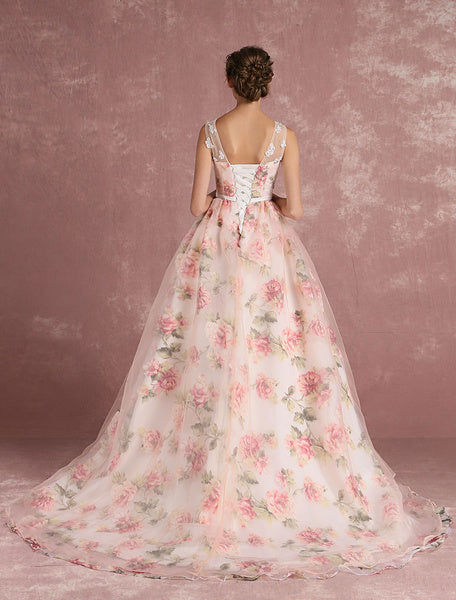 Pink Prom Dresses 2019 Long Floral Print Organza Pageant Dress Backless Chapel Train Party