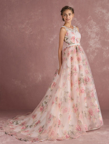 Pink Prom Dresses 2019 Long Floral Print Organza Pageant Dress Backless Chapel Train Party