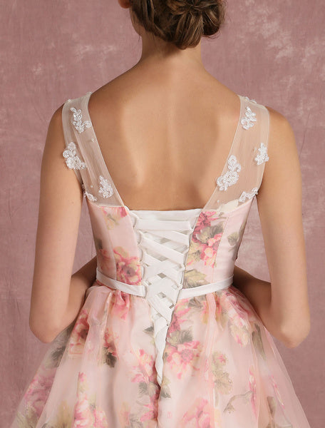 Pink Prom Dresses 2019 Long Floral Print Organza Pageant Dress Backless Chapel Train Party