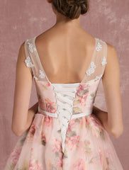 Pink Prom Dresses 2019 Long Floral Print Organza Pageant Dress Backless Chapel Train Party