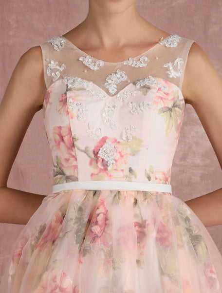 Pink Prom Dresses 2019 Long Floral Print Organza Pageant Dress Backless Chapel Train Party