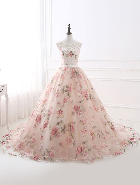 Pink Prom Dresses 2019 Long Floral Print Organza Pageant Dress Backless Chapel Train Party
