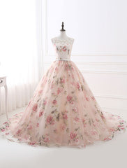 Pink Prom Dresses 2019 Long Floral Print Organza Pageant Dress Backless Chapel Train Party