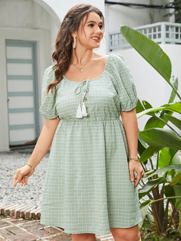 Plaid Button Backless Tassel Midi Dress