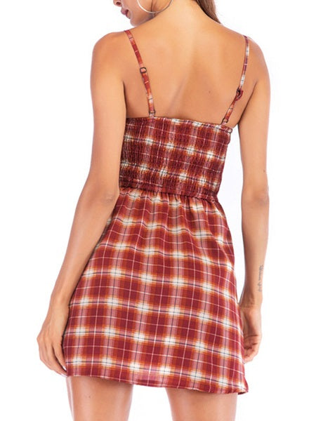 Casual Spaghetti Straps Plaid Lace Up Beach Mini Dress