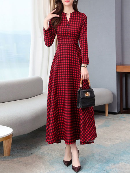 Plaid Maxi Dresses Long Sleeves Swing Dress