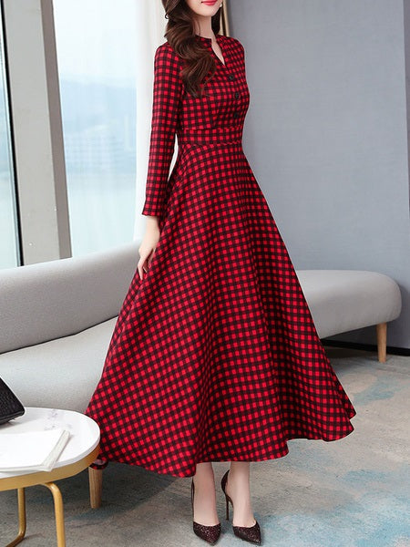Plaid Maxi Dresses Long Sleeves Swing Dress
