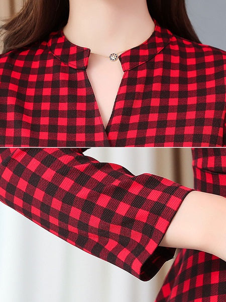 Plaid Maxi Dresses Long Sleeves Swing Dress