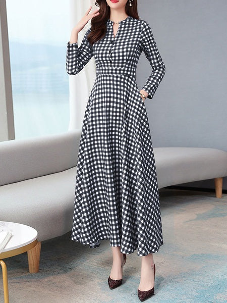 Plaid Maxi Dresses Long Sleeves Swing Dress