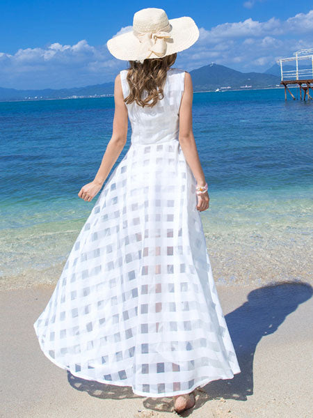 Plaid Organza Sleeveless Beach Dress