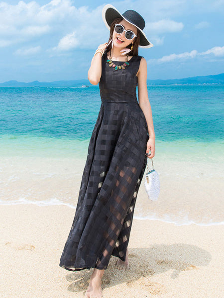 Plaid Organza Sleeveless Beach Dress