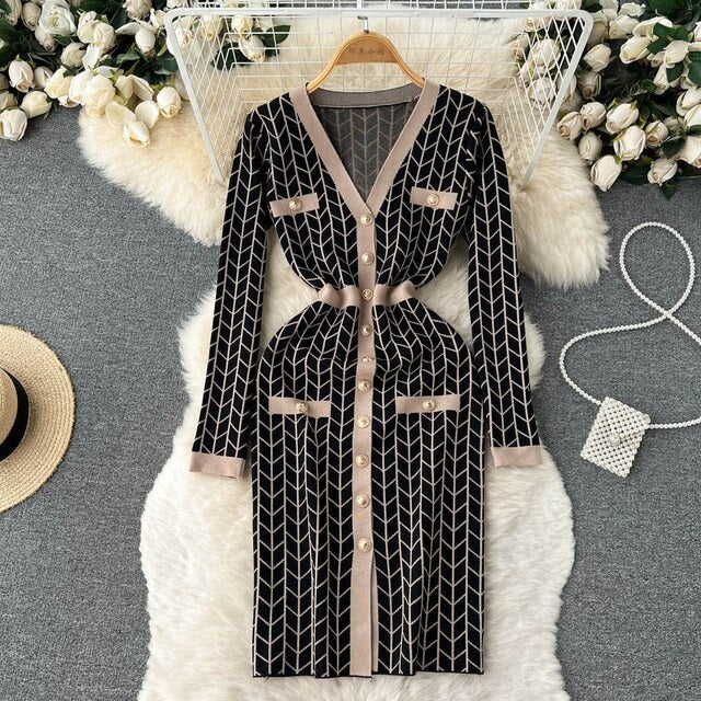 Plaid Print Knitted V Neck Causal Sweater Dress