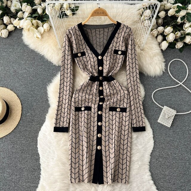 Plaid Print Knitted V Neck Causal Sweater Dress