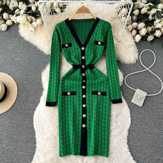 Plaid Print Knitted V Neck Causal Sweater Dress
