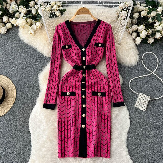 Plaid Print Knitted V Neck Causal Sweater Dress