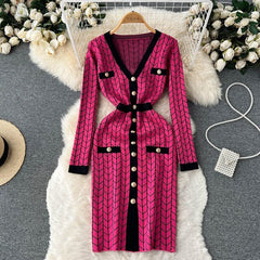 Plaid Print Knitted V Neck Causal Sweater Dress