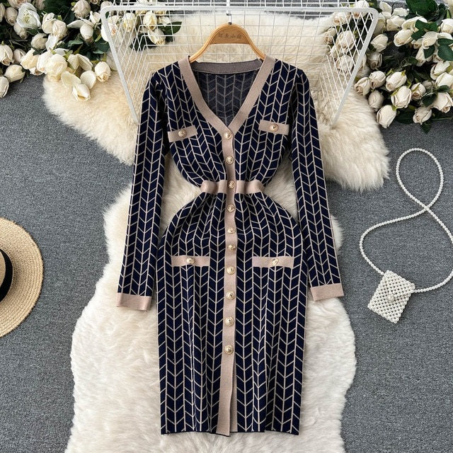 Plaid Print Knitted V Neck Causal Sweater Dress