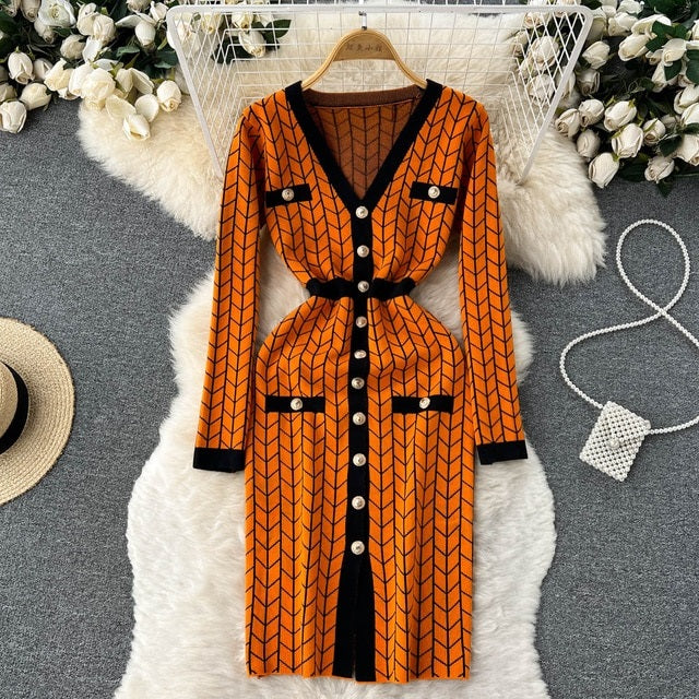 Plaid Print Knitted V Neck Causal Sweater Dress