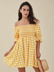 Plaid Print Puff Sleeve Shirred Square Collar Mini Dress