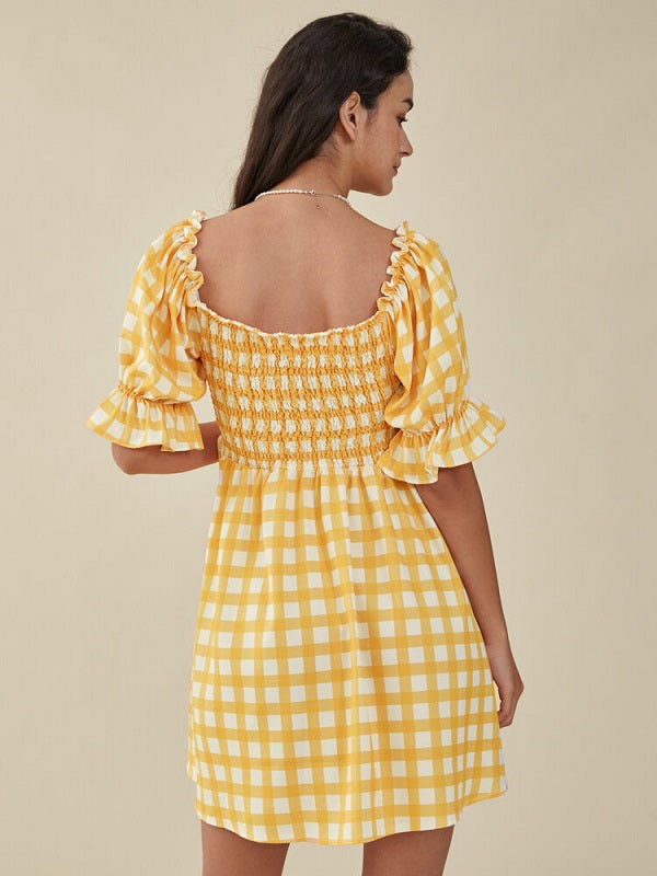 Plaid Print Puff Sleeve Shirred Square Collar Mini Dress
