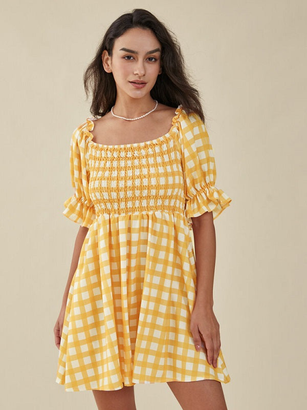 Plaid Print Puff Sleeve Shirred Square Collar Mini Dress