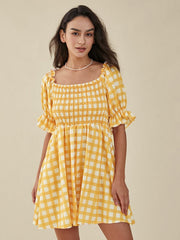 Plaid Print Puff Sleeve Shirred Square Collar Mini Dress