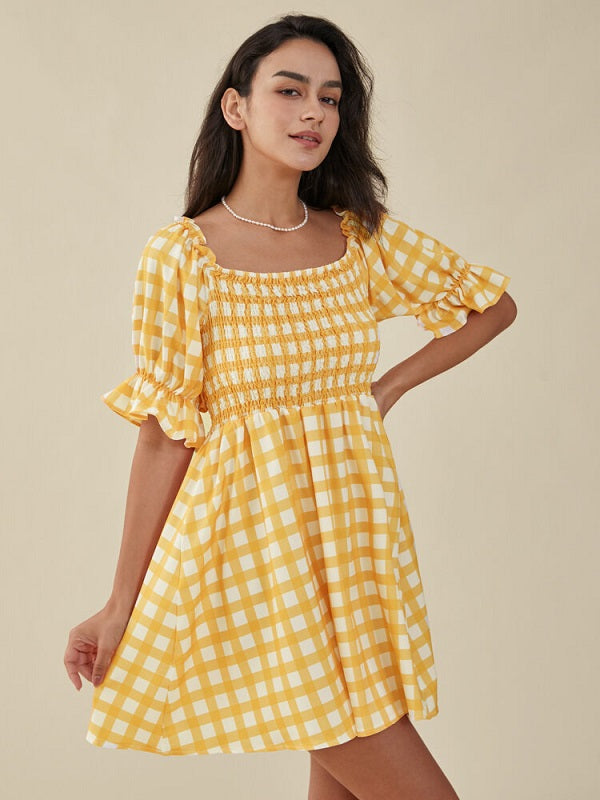 Plaid Print Puff Sleeve Shirred Square Collar Mini Dress