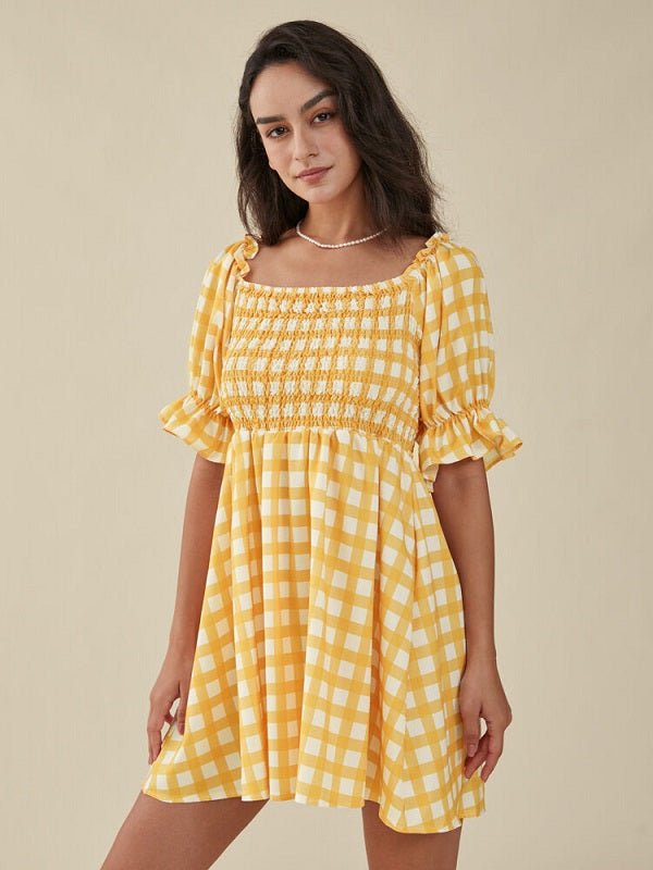 Plaid Print Puff Sleeve Shirred Square Collar Mini Dress