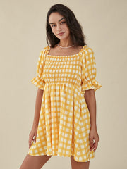 Plaid Print Puff Sleeve Shirred Square Collar Mini Dress