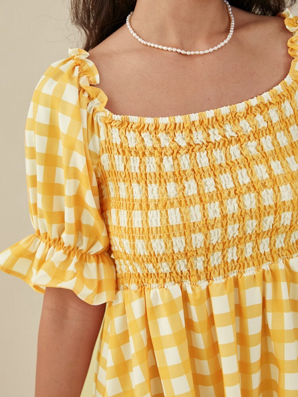 Plaid Print Puff Sleeve Shirred Square Collar Mini Dress
