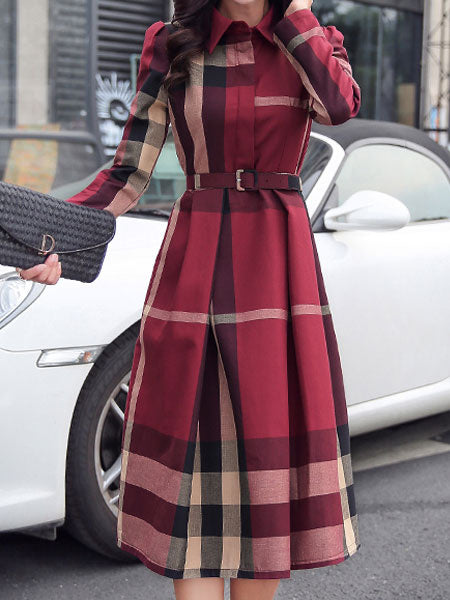 Plaid Shirt Dress Long Sleeve Turndown Collar Long Dress
