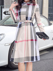 Plaid Shirt Dress Long Sleeve Turndown Collar Long Dress