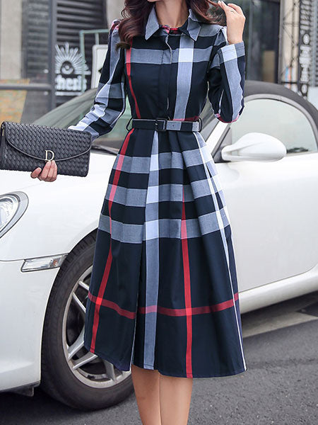 Plaid Shirt Dress Long Sleeve Turndown Collar Long Dress
