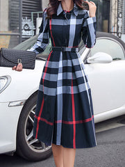 Plaid Shirt Dress Long Sleeve Turndown Collar Long Dress