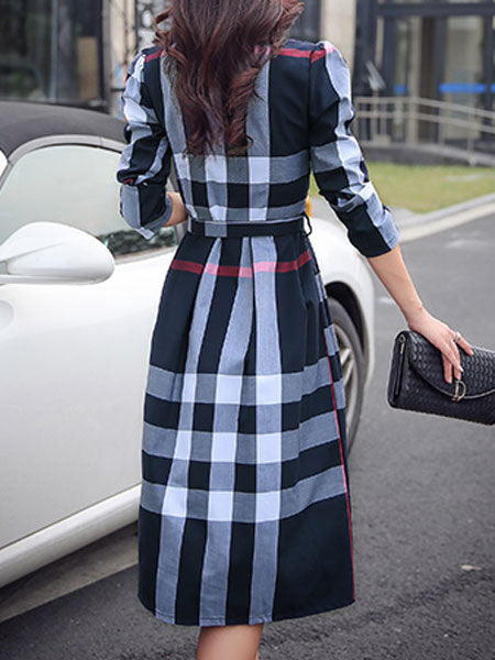 Plaid Shirt Dress Long Sleeve Turndown Collar Long Dress