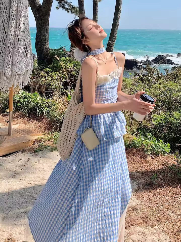 Plaid Style Two-Piece Floral Camisole Top Paired With Mesh Patchwork Irregular Skirt Set