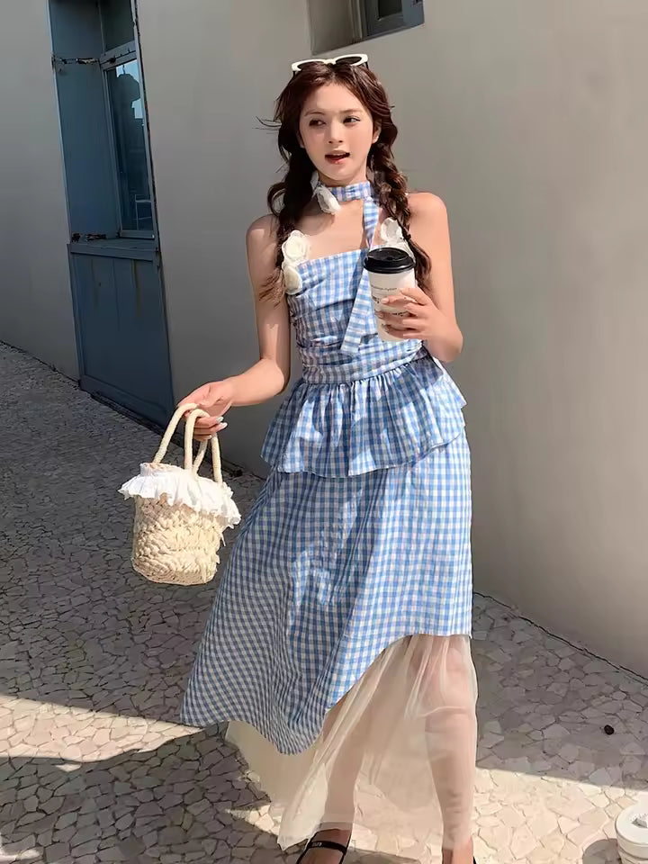Plaid Style Two-Piece Floral Camisole Top Paired With Mesh Patchwork Irregular Skirt Set