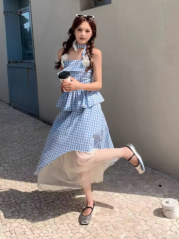 Plaid Style Two-Piece Floral Camisole Top Paired With Mesh Patchwork Irregular Skirt Set