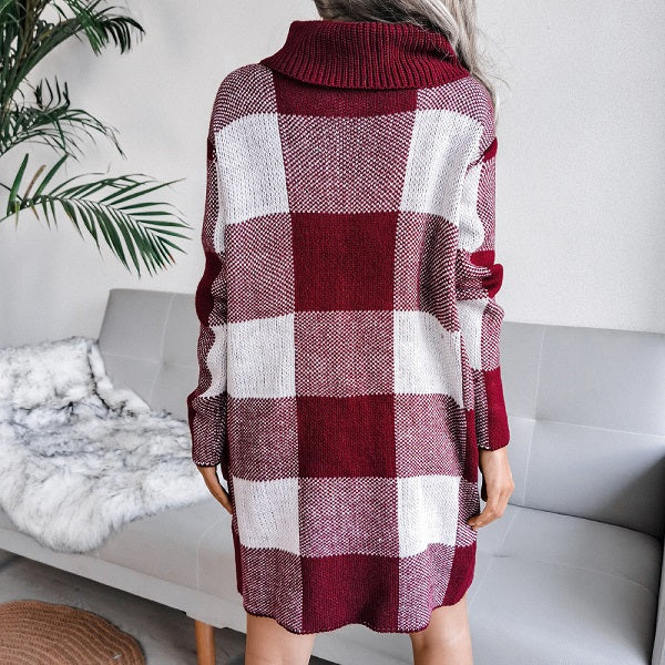 Plaid Turtle Neck Color Blocking Knitted Dress