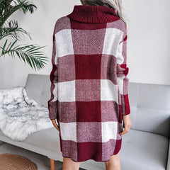 Plaid Turtle Neck Color Blocking Knitted Dress