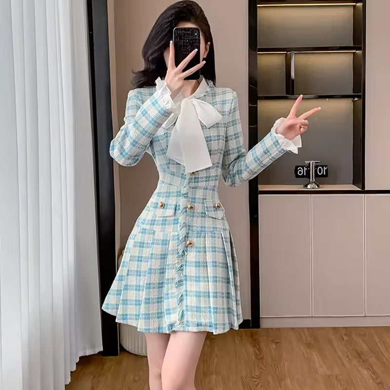 Plaid Tweed Chic Natural Waistline Bow Collar Casual Mini Blazer Dress
