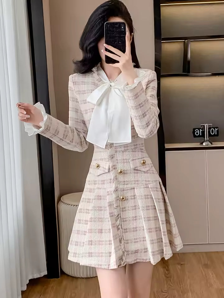 Plaid Tweed Chic Natural Waistline Bow Collar Casual Mini Blazer Dress