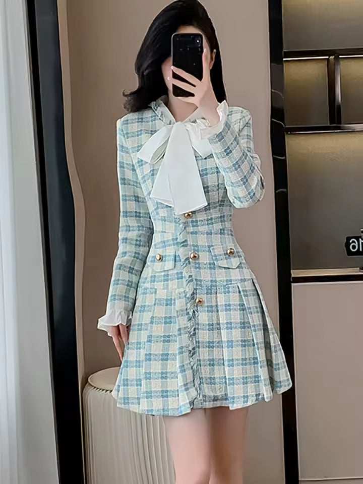 Plaid Tweed Chic Natural Waistline Bow Collar Casual Mini Blazer Dress